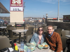 Enjoying one of our burger dates on the 5-8 Grill & Tap's patio.
